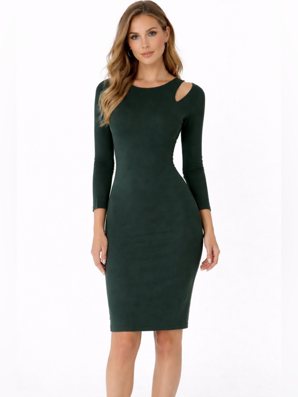 House of Harlow 1960 Dark Green Midi Bodycon Dress with Shoulder Cutout—M